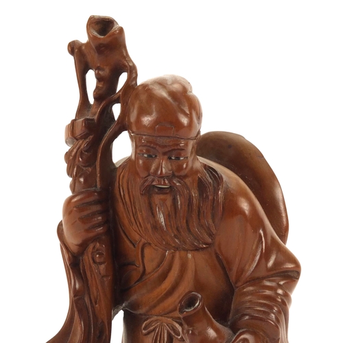 561 - Chinese root carving of an elder holding a double gourd vessel and a staff, raised on a rectangular ... 