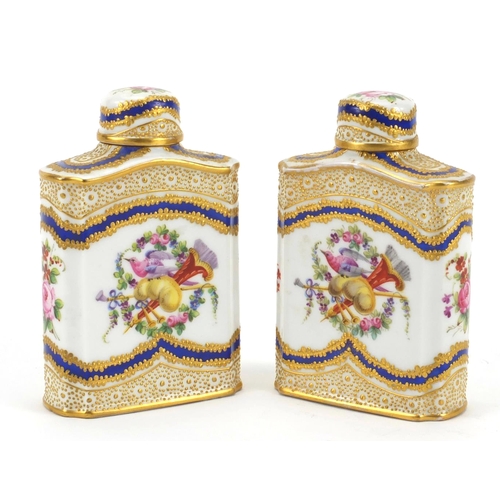 649 - Pair of 19th century Sevres porcelain canisters hand painted and gilded with birds and flowers, fact... 