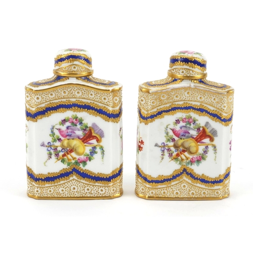 649 - Pair of 19th century Sevres porcelain canisters hand painted and gilded with birds and flowers, fact... 