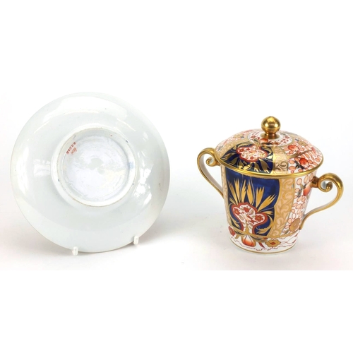 677 - 19th century Spode Imari pattern lidded chocolate cup on stand with twin handles, factory marks and ... 