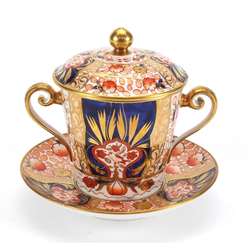 677 - 19th century Spode Imari pattern lidded chocolate cup on stand with twin handles, factory marks and ... 