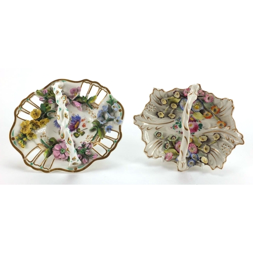 680 - Two Victorian porcelain baskets with relief and hand painted floral decoration, the largest 16cm wid... 