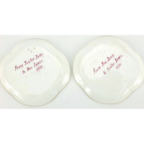 684 - Pair of early Minton's shaped porcelain dishes, both hand painted with dogs heads, one inscribed fro... 