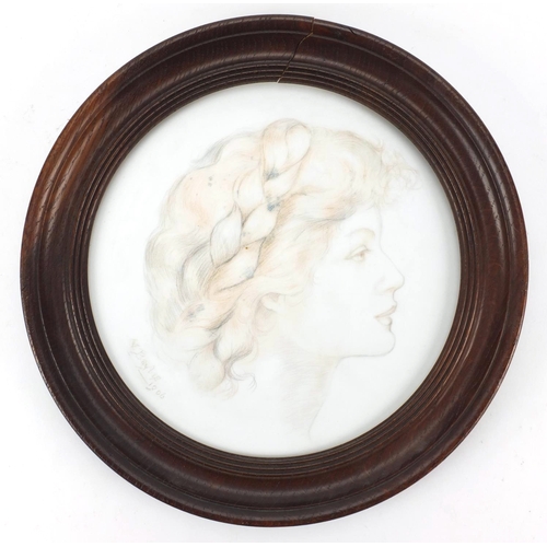 705 - Circular pencil sketch onto opaline glass panel, hand painted with a portrait of a young female, bea... 