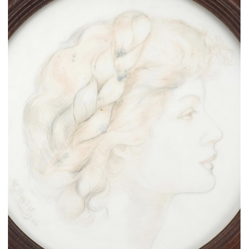 705 - Circular pencil sketch onto opaline glass panel, hand painted with a portrait of a young female, bea... 