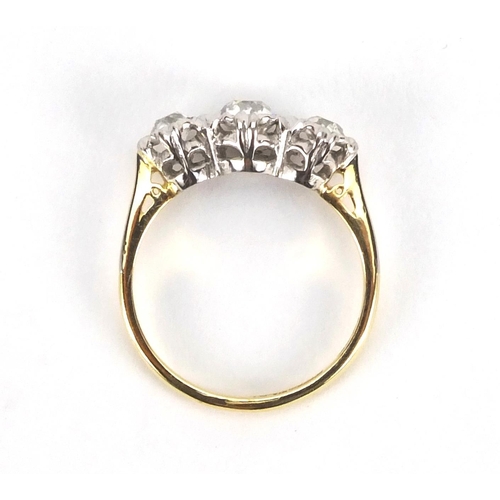 913 - 18ct gold diamond three stone ring, size H, approximate weight 2.8g