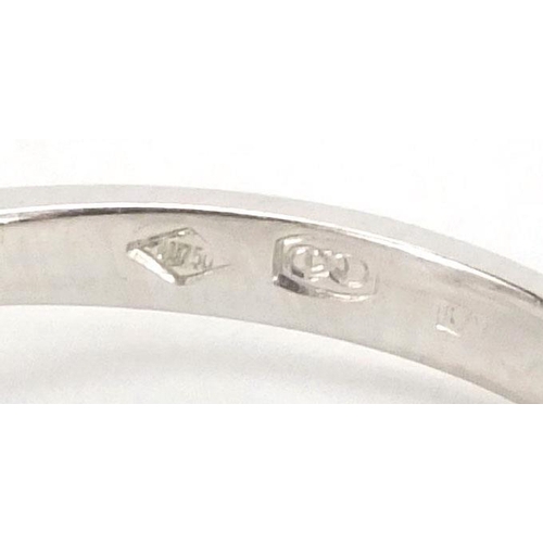 935 - 18ct white gold three stone diamond ring, size N, approximate weight 3.8g