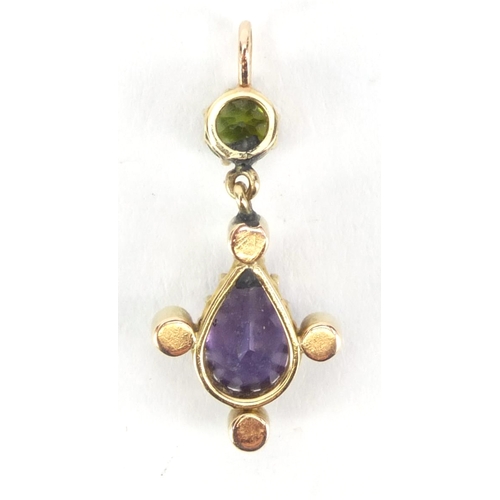 941 - Edwardian suffragette style unmarked gold amethyst, Peridot and seed pearl pendant, 2.8cm long, appr... 