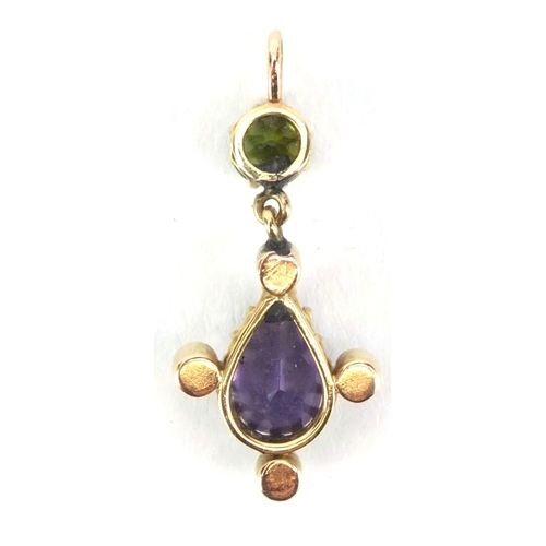 941 - Edwardian suffragette style unmarked gold amethyst, Peridot and seed pearl pendant, 2.8cm long, appr... 