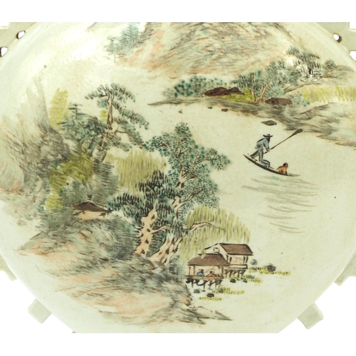 463 - Large Chinese porcelain moon flask with elephant head handles, hand painted in famille rose palette ... 