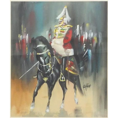 48 - Gouache on card, soldier on horse back, bearing a signature Rennie, mounted and gilt framed, 37cm x ... 