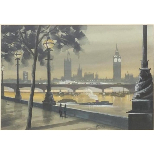 49 - Gouache on card, River Thames, bearing a signature Rennie, mounted and gilt framed, 37cm x 28cm  exc... 