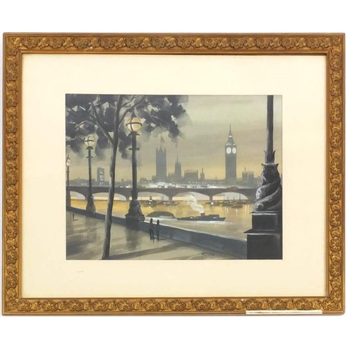 49 - Gouache on card, River Thames, bearing a signature Rennie, mounted and gilt framed, 37cm x 28cm  exc... 