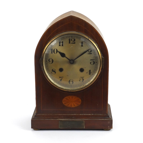 111 - Edwardian inlaid mahogany mantle clock with presentation plaque, presented to Miss I Barnes by the m... 