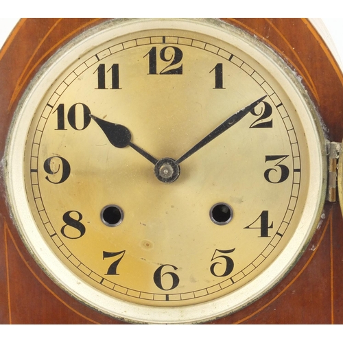 111 - Edwardian inlaid mahogany mantle clock with presentation plaque, presented to Miss I Barnes by the m... 