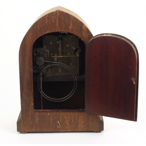 111 - Edwardian inlaid mahogany mantle clock with presentation plaque, presented to Miss I Barnes by the m... 