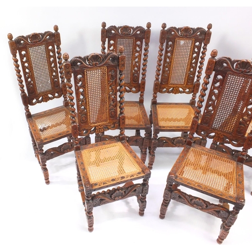17 - Set of six oak barley twist high back dining chairs with cane back and seats, each 116cm high