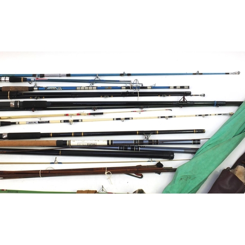 445 - Group of sea and freshwater fishing rods including spinning rods, boat rods and carbon fibre example... 