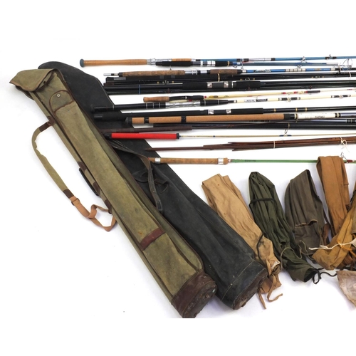 445 - Group of sea and freshwater fishing rods including spinning rods, boat rods and carbon fibre example... 