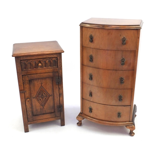 80 - Walnut five drawer bow front chest and a carved oak pot cupboard fitted with a frieze drawer, the ch... 