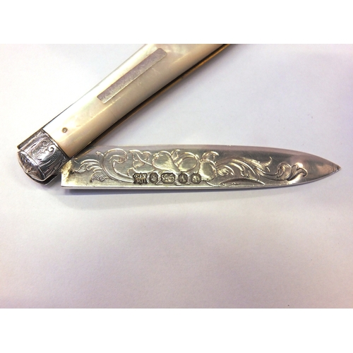 77a - Mother of pearl and silver fruit knife by Waterhouse Hodsen & Co, Sheffield 1863 with finely decorat... 