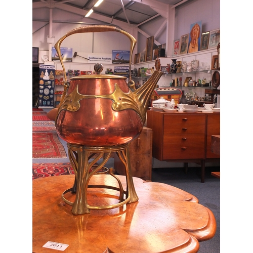 121a - Art Noveau Jugenstil copper and brass teapot with stand and burner, probably by Carl Defner circa 19... 