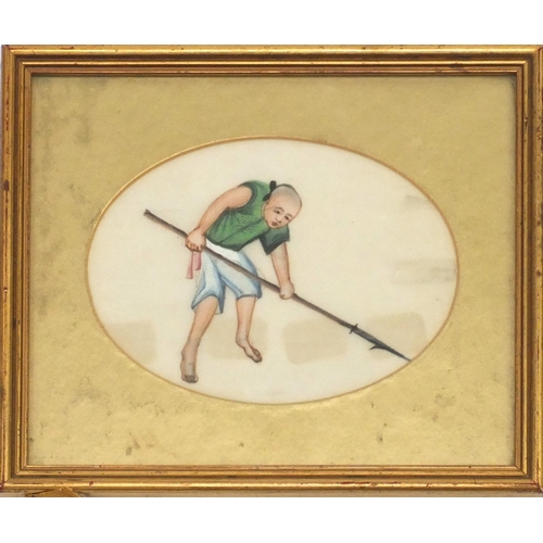 398 - Chinese pith watercolour, figure with a spear, mounted and framed, 15cm x 11.5cm