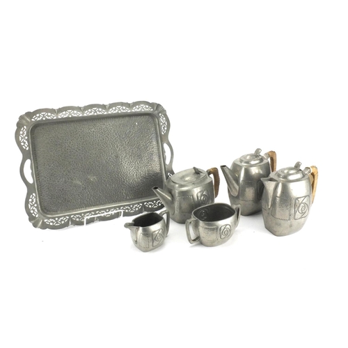 193 - Roundhead pewter five piece tea service on tray, the tray 42cm long