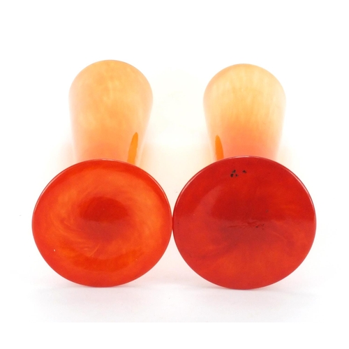 113 - Pair of orange glass fluted vases, 40cm high