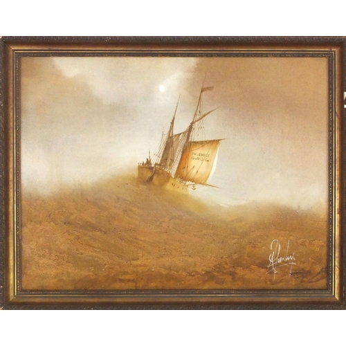 286 - Falkland Island Company rigged boat, oil on canvas, bearing an indistinct signature, gilt framed, 59... 