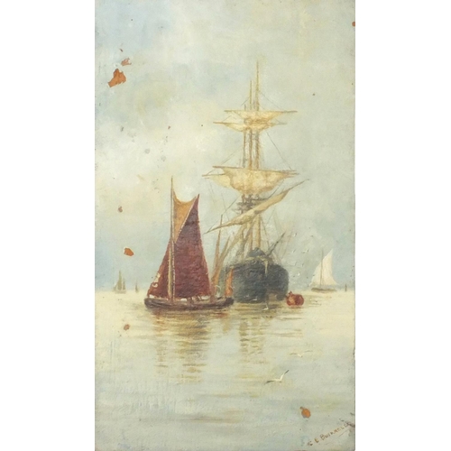 399 - Oil on wood panel, rigged boats, bearing a signature C E Bucknelle, unframed, 20.5cm x 11.5cm