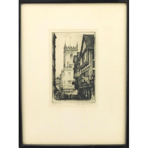 387 - Pencil signed black and white etching together with one other, both mounted and framed, the largest ... 