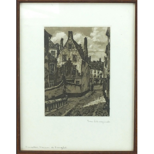 387 - Pencil signed black and white etching together with one other, both mounted and framed, the largest ... 