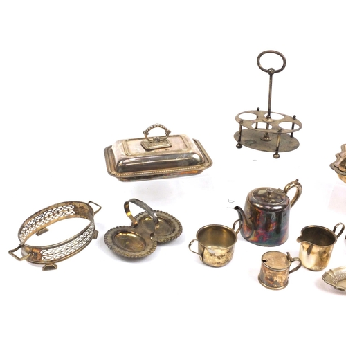 219 - Silver plated items including two entrée dishes and a cruet stand, including Mappin & Webb examples