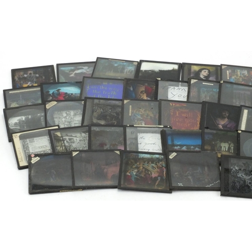 338 - Coloured and black and white glass slides predominantly religious examples