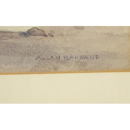 747 - Allan Barraud - Coastal scene, watercolour on card, Gardeners Art Gallery stamp verso, mounted and f... 
