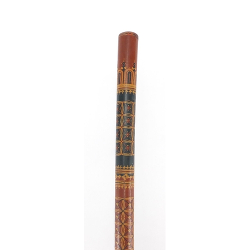 425 - Cashmere wooden walking stick, hand painted with floral motifs, 98cm in length