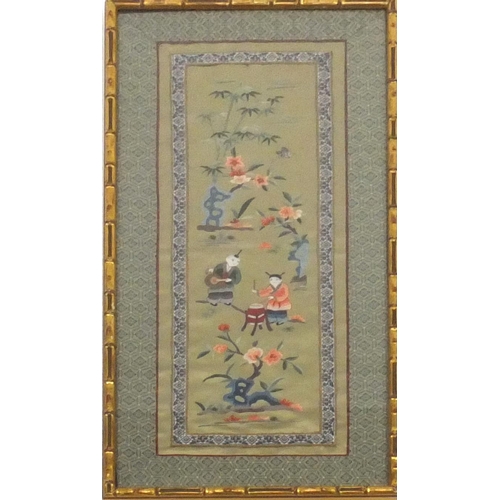 175 - Oriental silk tapestry, figures with musical instruments, with a simulated gilt bamboo frame, 66cm x... 