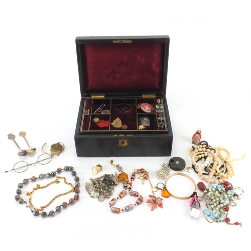 255 - Vintage and later costume jewellery including rings, necklaces, bracelets etc housed in a Victorian ... 