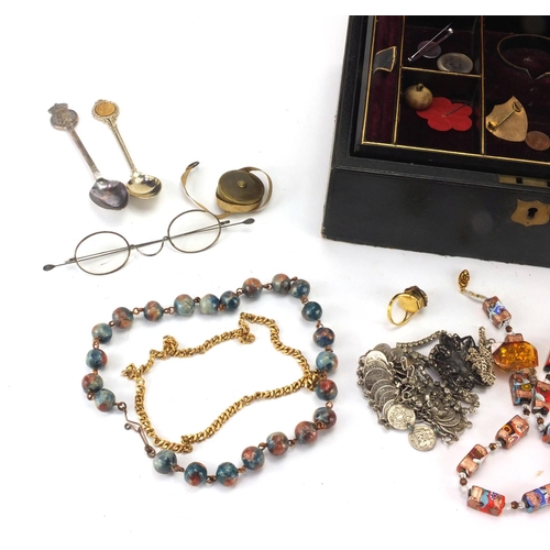 255 - Vintage and later costume jewellery including rings, necklaces, bracelets etc housed in a Victorian ... 