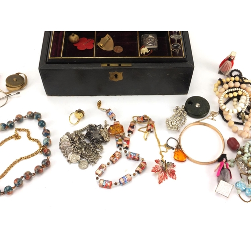 255 - Vintage and later costume jewellery including rings, necklaces, bracelets etc housed in a Victorian ... 