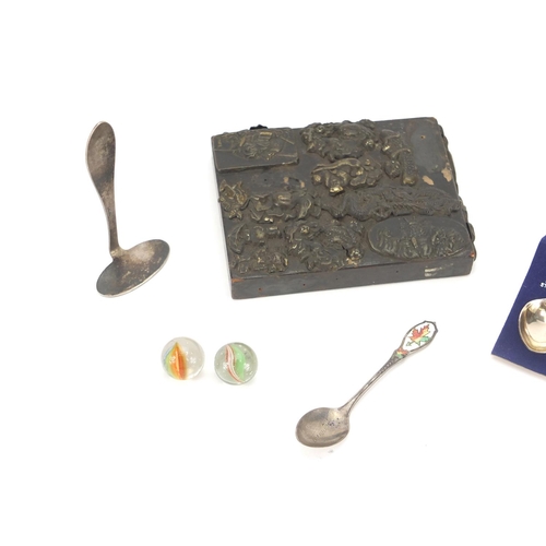 320 - Miscellaneous items including a silver flanked folding knife and silver and enamelled spoons