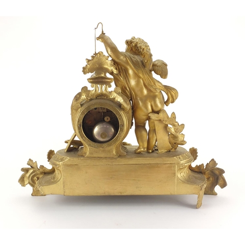 134 - French gilt mantle clock, mounted with putti, 40cm H