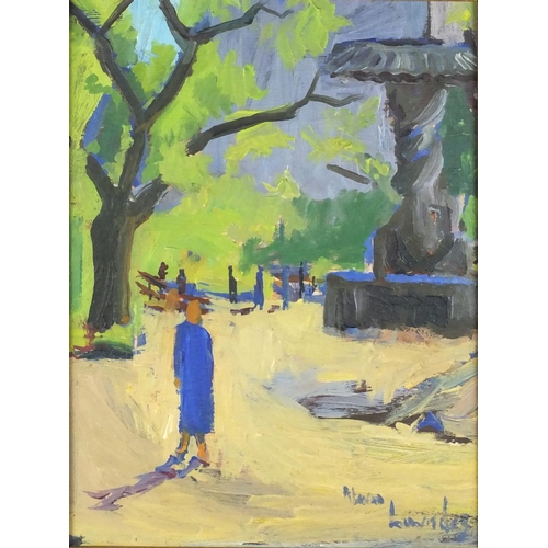 2121 - Figures in a park, oil onto board, bearing an indistinct signature, framed, 26.5cm x 19cm