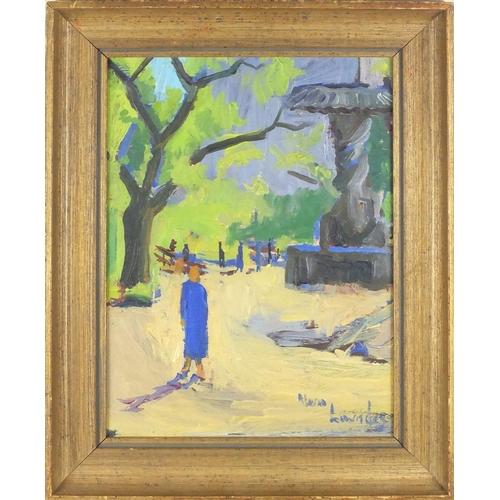 2121 - Figures in a park, oil onto board, bearing an indistinct signature, framed, 26.5cm x 19cm