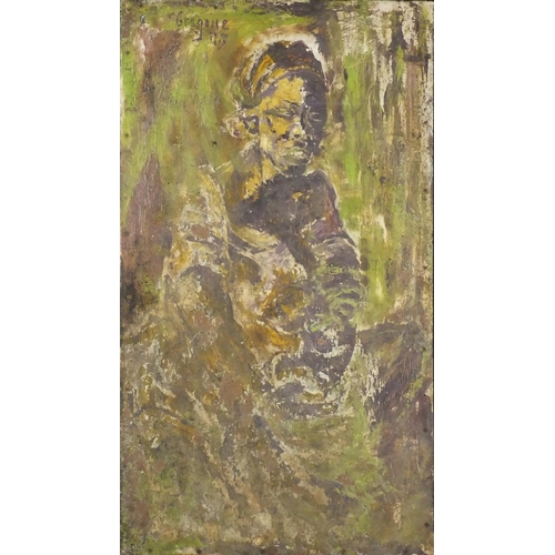 2144 - African figure, oil onto board, bearing a signature Gregoile and inscription verso, framed, 79cm x 4... 