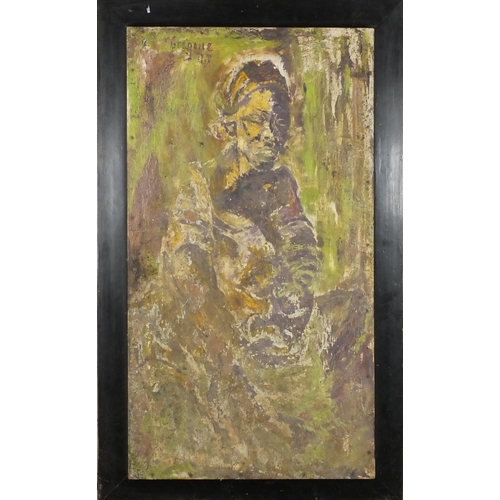 2144 - African figure, oil onto board, bearing a signature Gregoile and inscription verso, framed, 79cm x 4... 