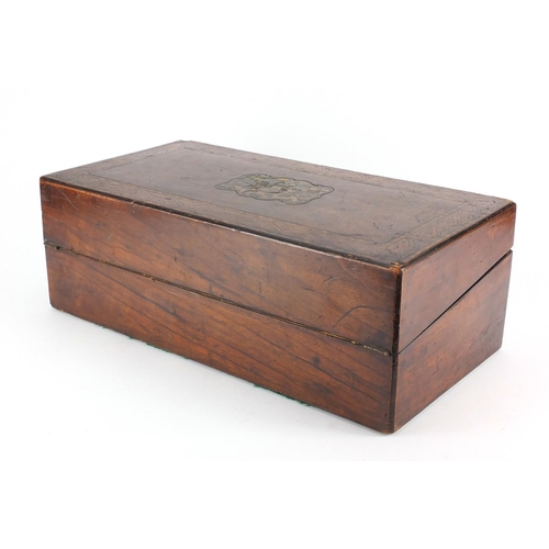 2076 - Victorian inlaid walnut writing slope with tooled leather insert, 17.5cm H x  50.5cm W x 25.5cm D