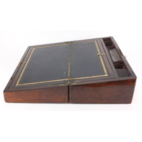 2076 - Victorian inlaid walnut writing slope with tooled leather insert, 17.5cm H x  50.5cm W x 25.5cm D