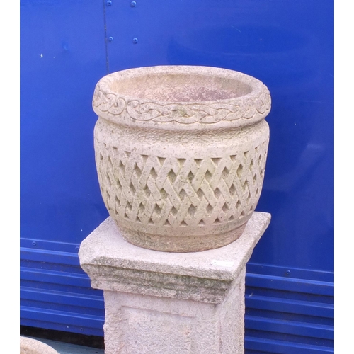 97 - Set of three stoneware garden planters and a square column plant stand, the largest 51cm H